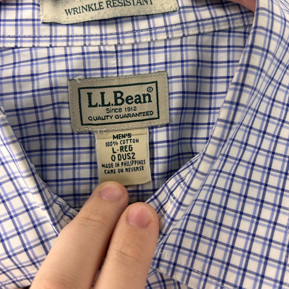 LL Bean Button Up Shirt Short Sleeve Size Large Blue White Check